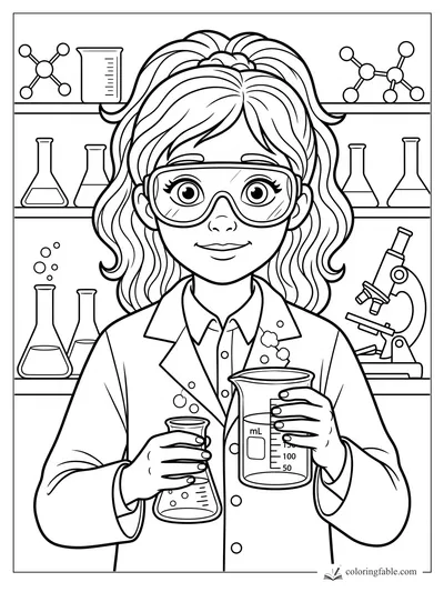 Girl scientist in goggles holding bubbling beakers in a lab with flasks, molecules, and a microscope.
