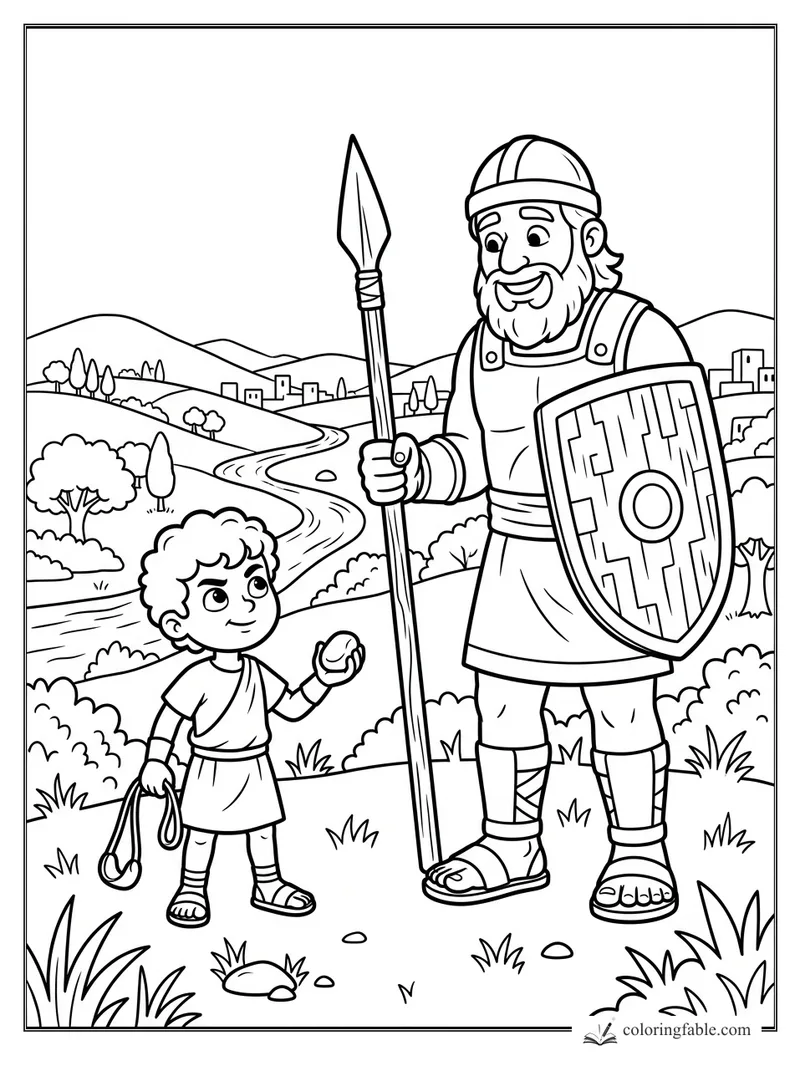 Cartoon Bible boy with sling and stone beside a smiling armored soldier holding spear and shield