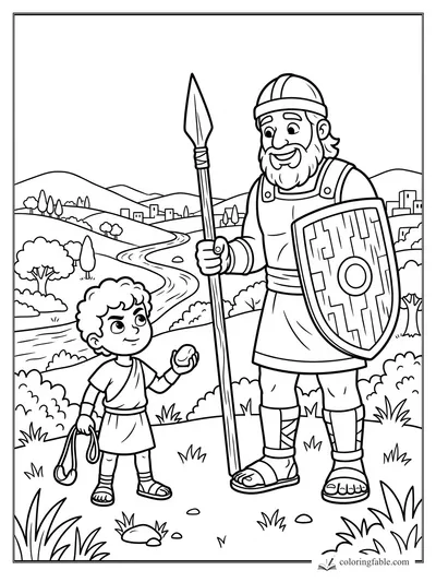 Cartoon Bible boy with sling and stone beside a smiling armored soldier holding spear and shield