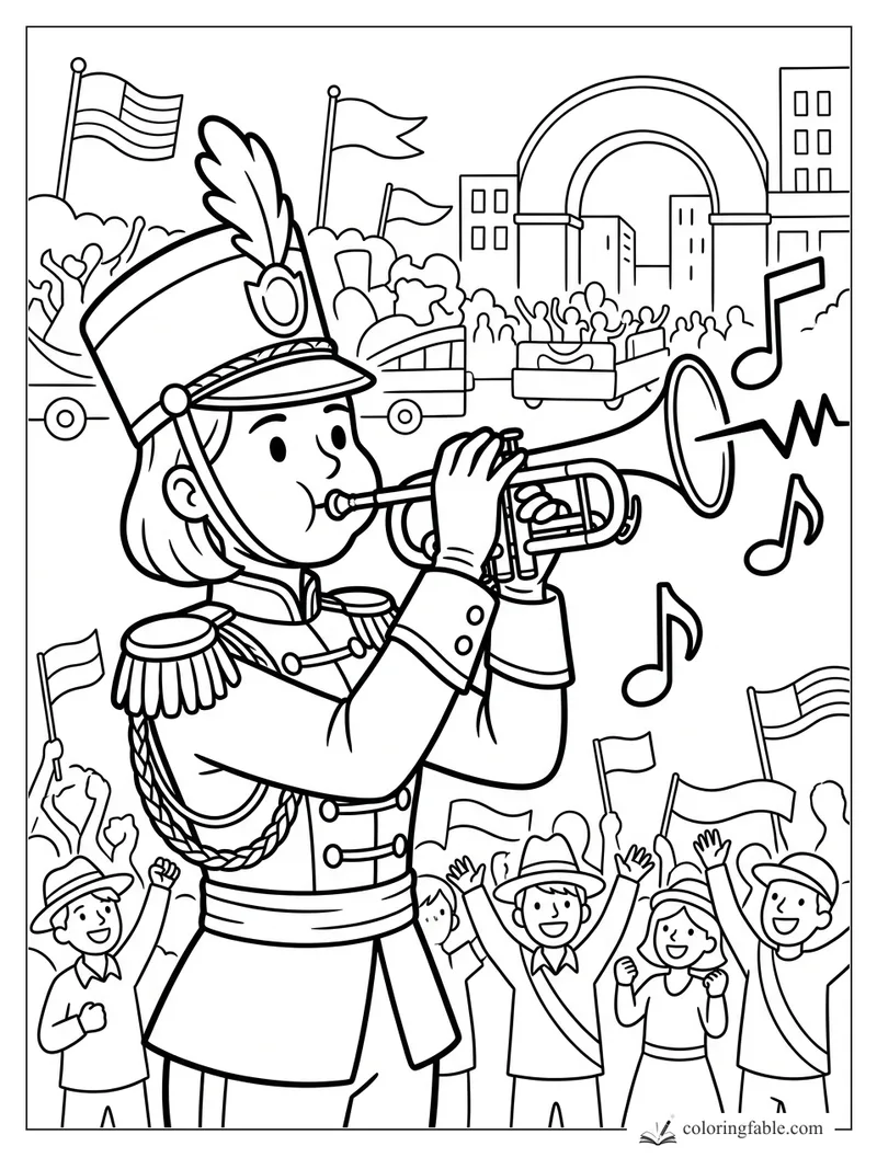 Young marching band trumpeter plays in a city parade with waving flags, cheering kids, and music notes.