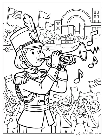 Young marching band trumpeter plays in a city parade with waving flags, cheering kids, and music notes.
