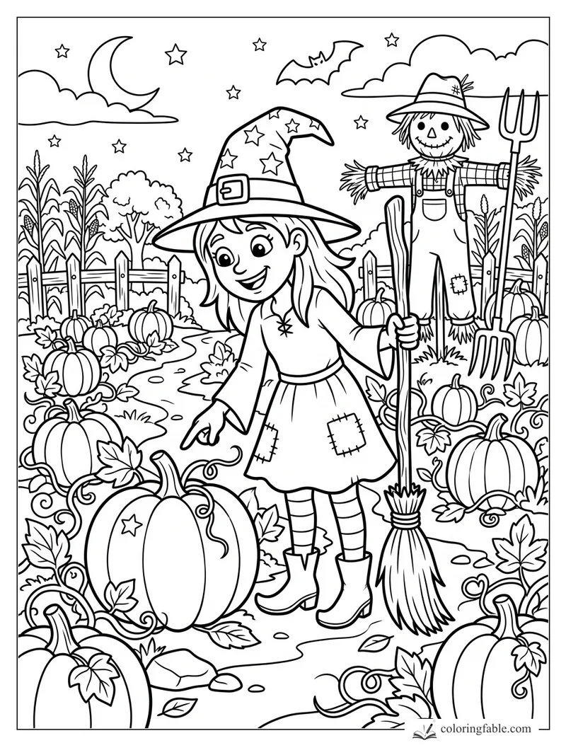 Cartoon witch with broom points to a star-marked pumpkin in a moonlit pumpkin patch.