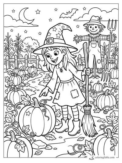 Cartoon witch with broom points to a star-marked pumpkin in a moonlit pumpkin patch.
