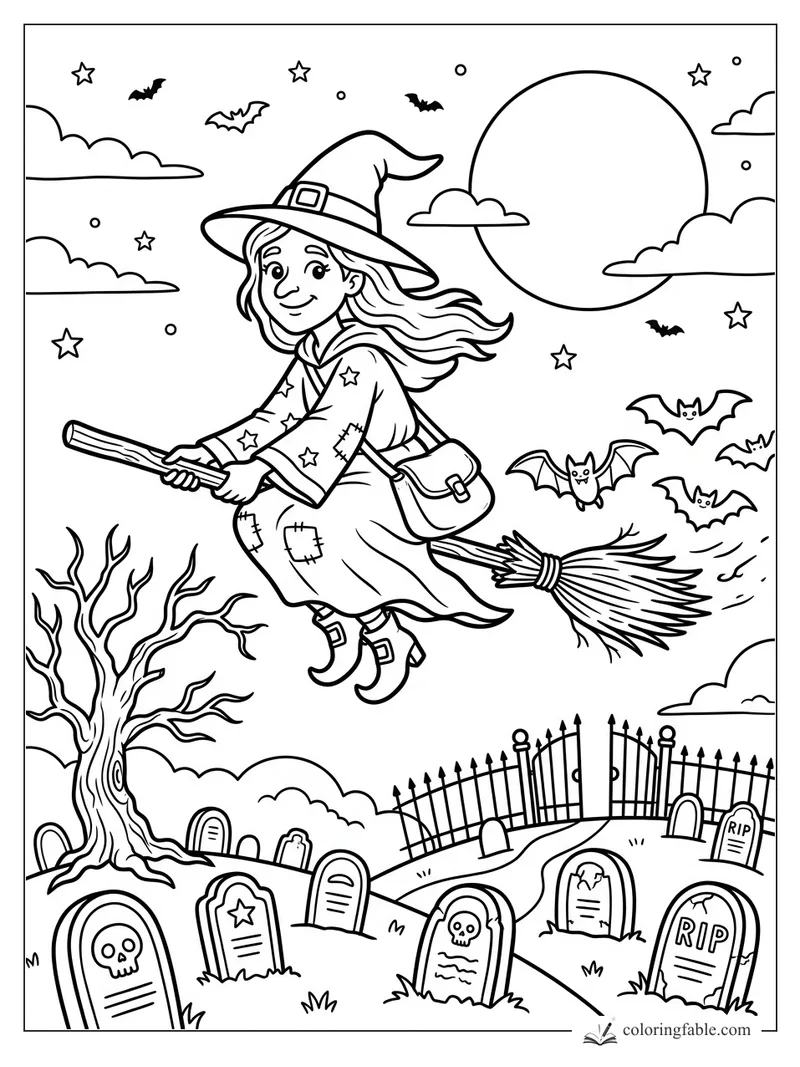 Cartoon young witch on a broom over a spooky graveyard with bats, full moon, stars, and bare tree