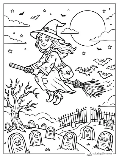 Cartoon young witch on a broom over a spooky graveyard with bats, full moon, stars, and bare tree
