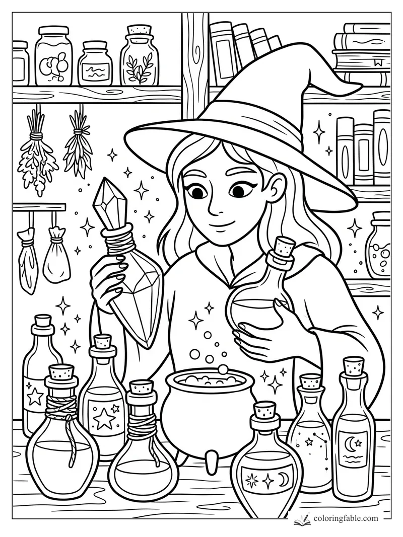Young witch with crystal wand, bubbling cauldron, potion bottles, herbs, and spell books on shelves