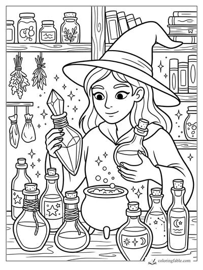 Young witch with crystal wand, bubbling cauldron, potion bottles, herbs, and spell books on shelves