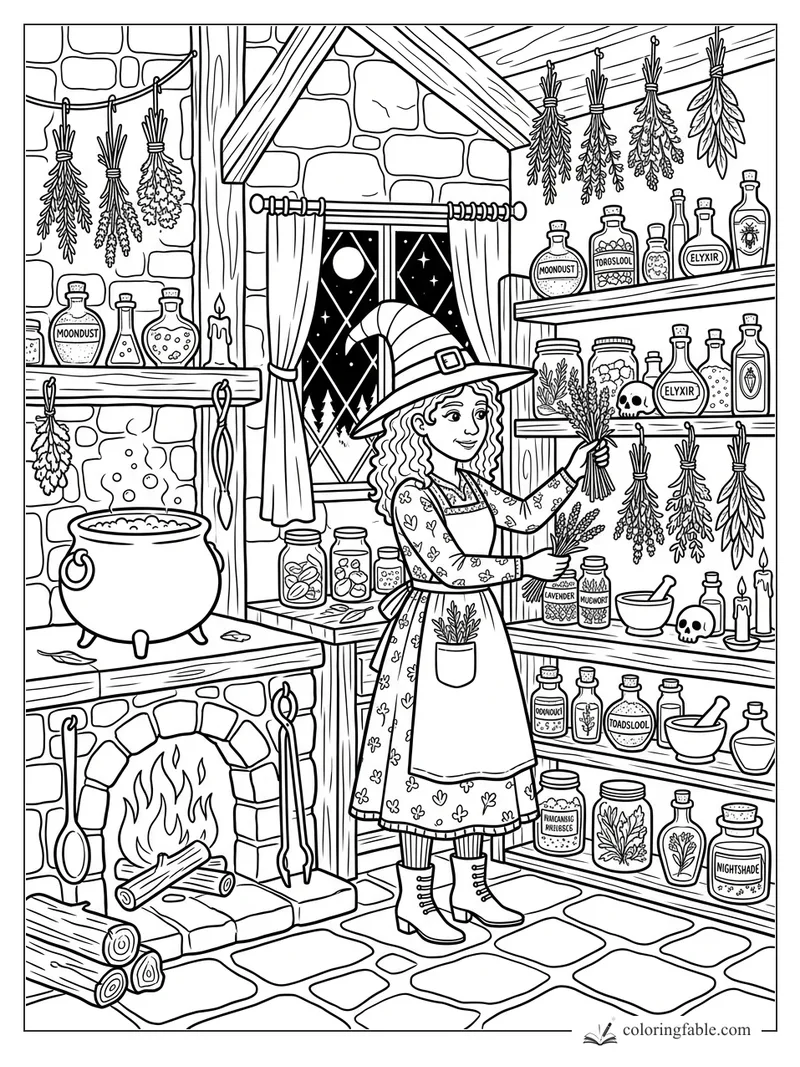 Young witch holding lavender in a potion pantry with cauldron, herbs, bottles, skulls, and a moonlit window