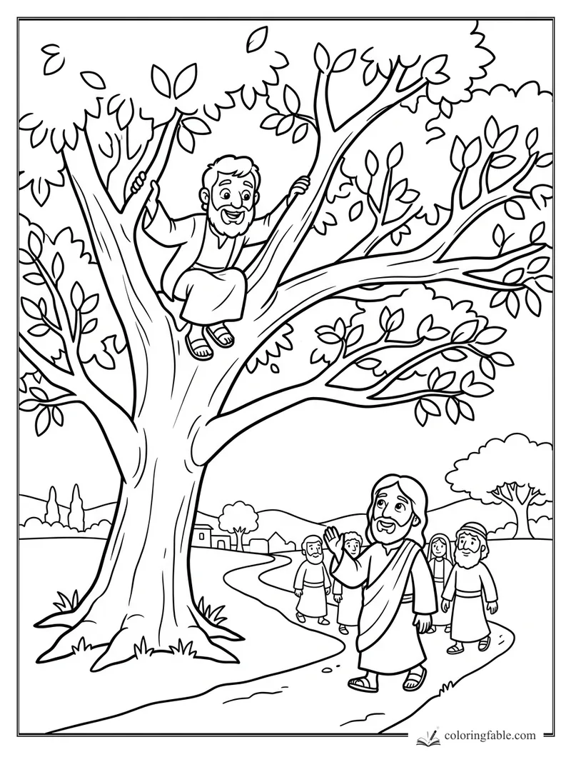 Cartoon Zacchaeus sitting in a leafy tree as Jesus and followers walk along the road below.