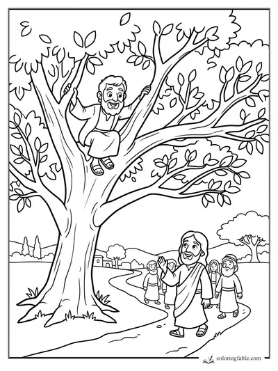 Cartoon Zacchaeus sitting in a leafy tree as Jesus and followers walk along the road below.