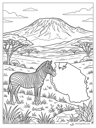 Zebra standing by a Tanzania map with Mount Kilimanjaro, acacia trees, clouds, and savanna grass.