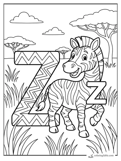Cartoon zebra beside big uppercase and lowercase Z letters in a grassy savanna