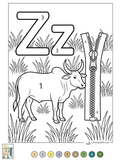 Zebu Beside a Giant Zipper and Letter Z — color by number