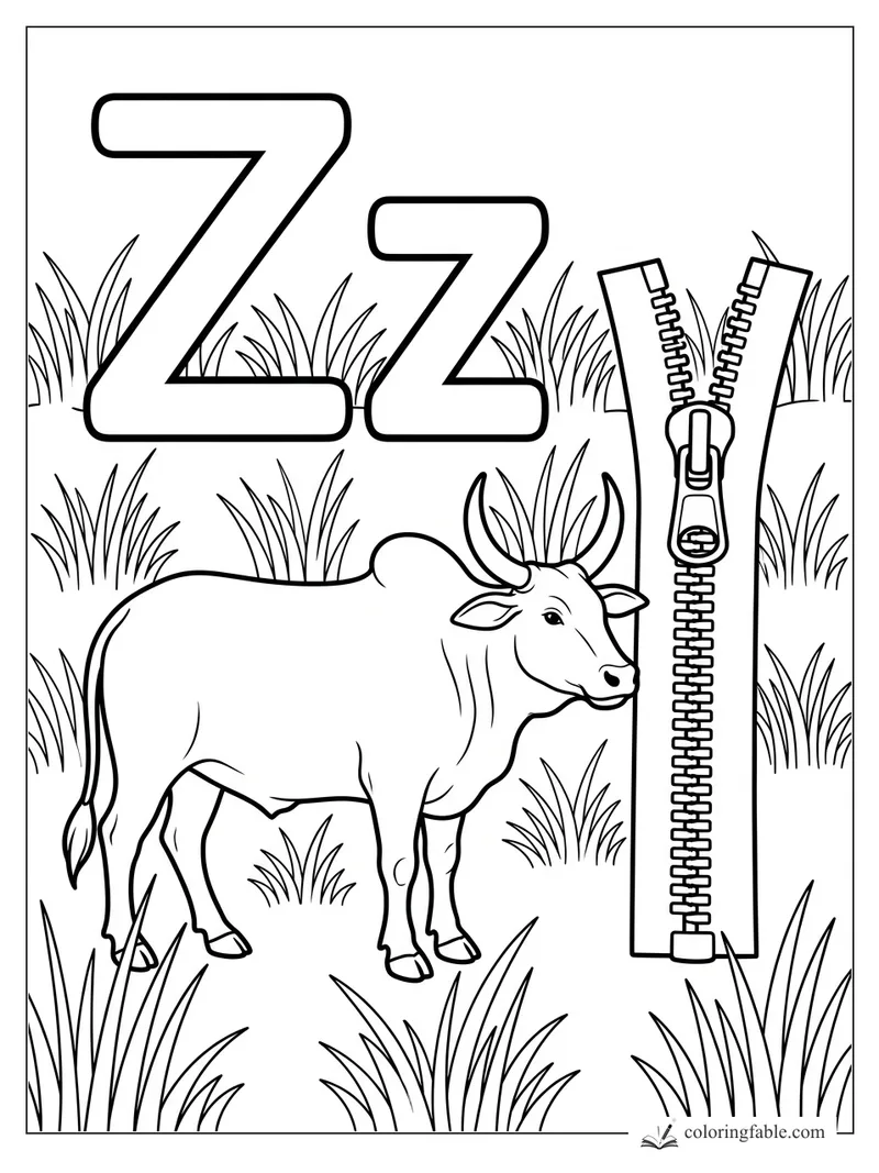 Zebu standing in tall grass beside uppercase and lowercase Z and a giant open zipper