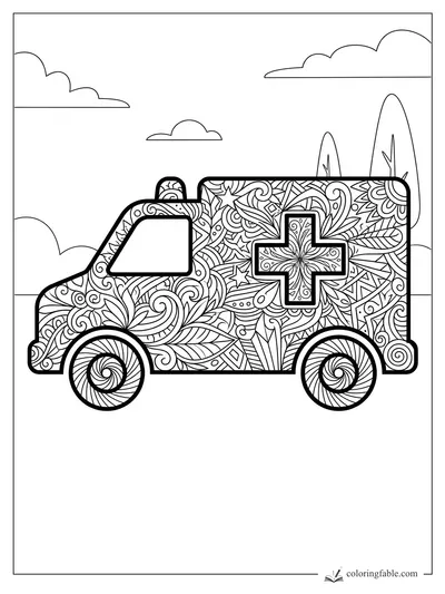 Intricate zentangle ambulance with medical cross, spiral wheels, clouds, and tall trees behind it.
