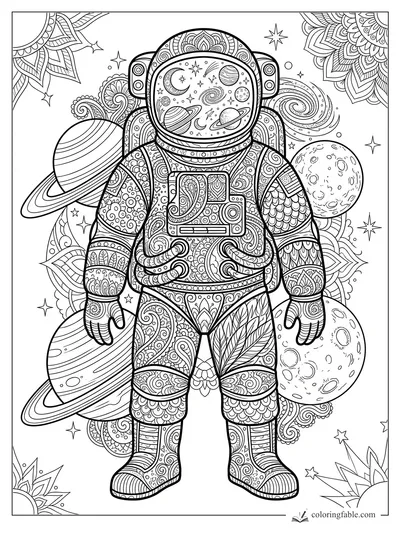 Intricate zentangle astronaut holding a camera, with planets, moons, stars, and mandala space patterns
