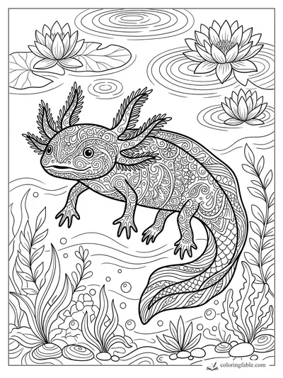 Intricate zentangle axolotl swimming under water lilies, ripples, bubbles, and pond plants.
