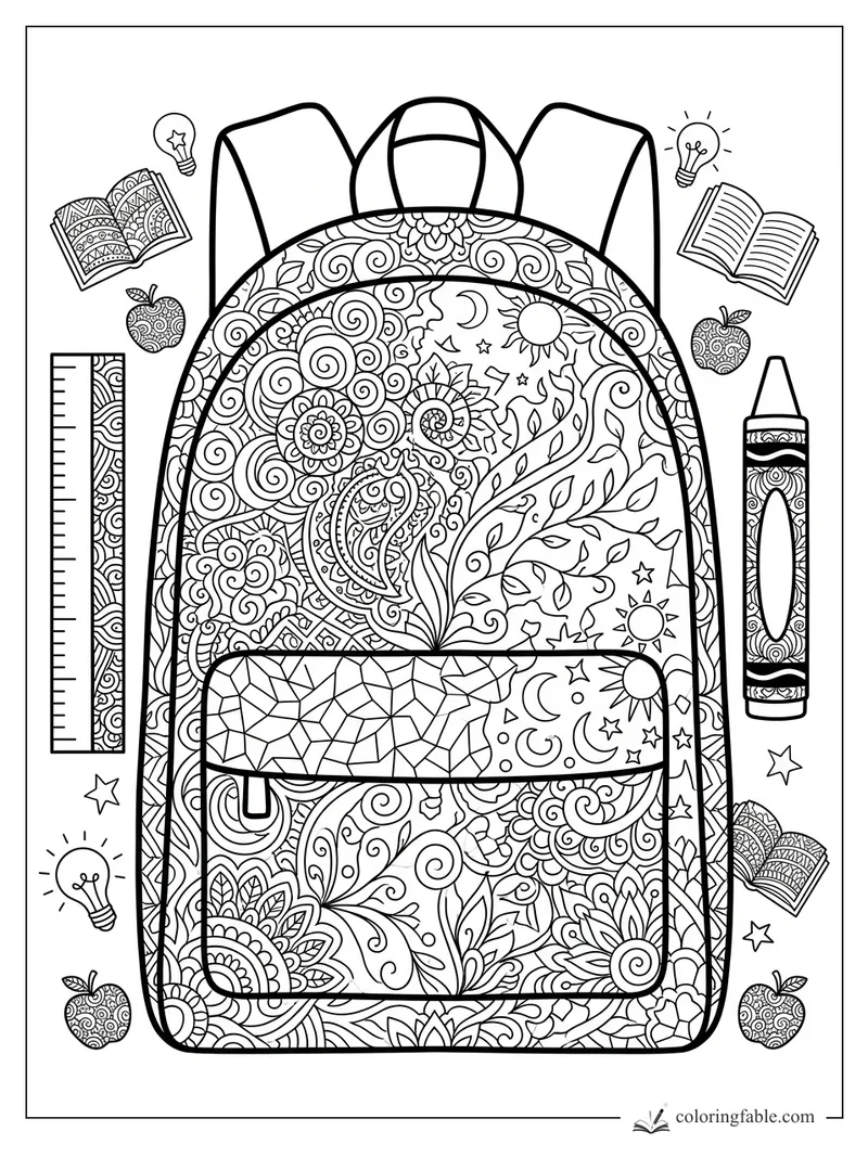 Intricate zentangle backpack coloring page with books, apples, ruler, crayon, stars, and light bulbs.
