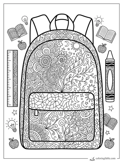 Intricate zentangle backpack coloring page with books, apples, ruler, crayon, stars, and light bulbs.