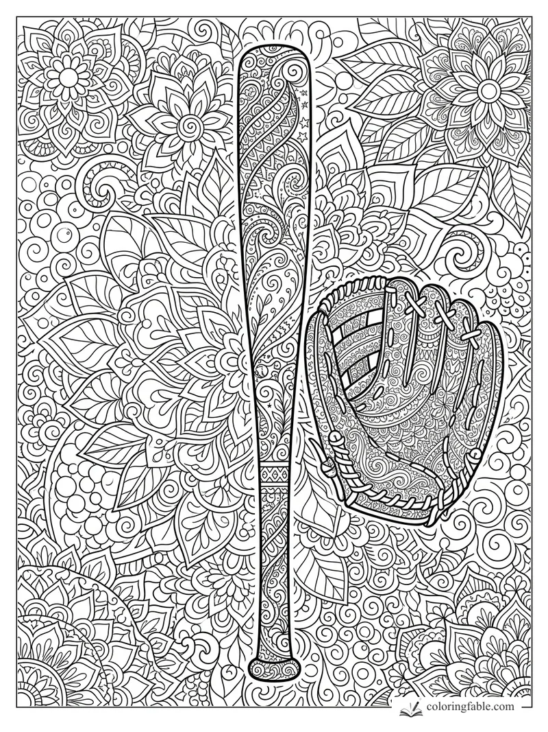 Intricate zentangle baseball bat and glove surrounded by flowers, leaves, spirals, and mandala patterns.