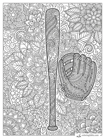 Intricate zentangle baseball bat and glove surrounded by flowers, leaves, spirals, and mandala patterns.