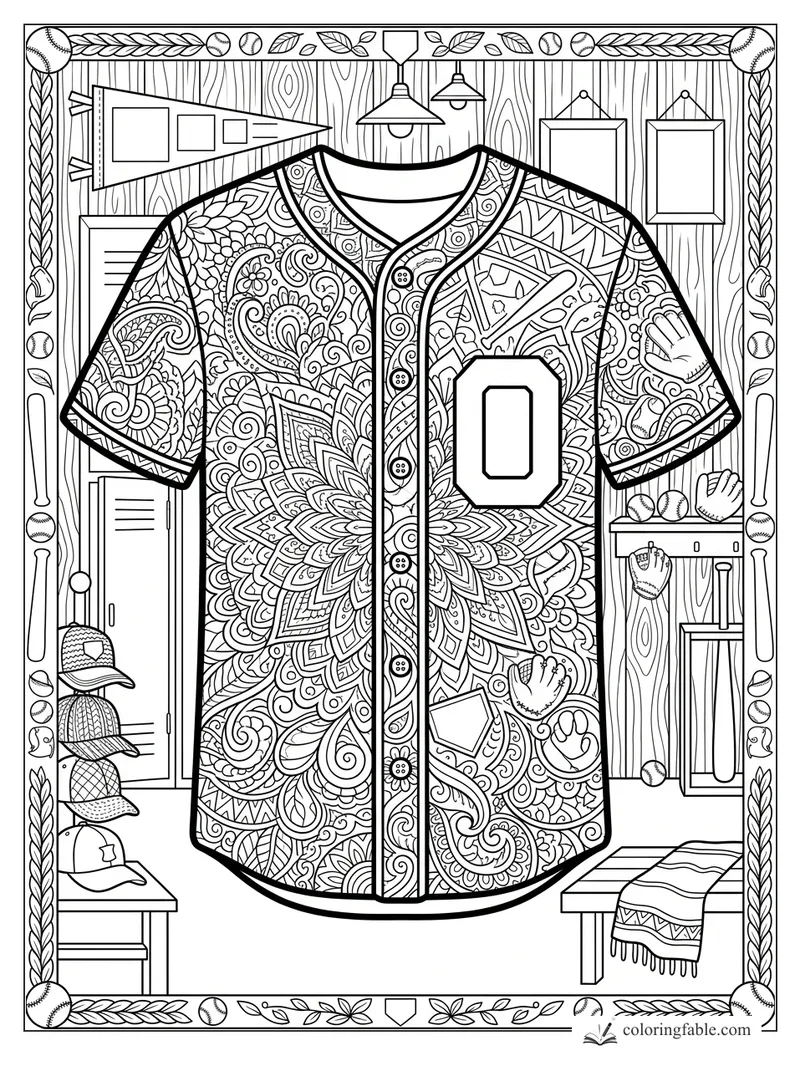 Intricate zentangle baseball jersey with bats, gloves, caps, pennant, lockers, and wood-panel clubhouse walls