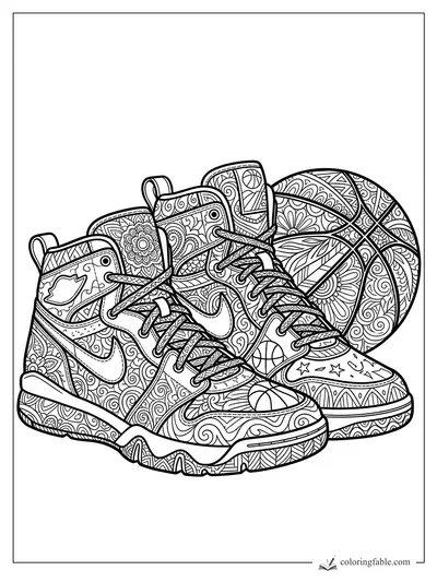 Intricate zentangle basketball sneakers with laces, swooshes, stars, flowers, and a patterned ball