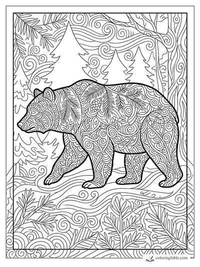 Intricate zentangle bear walking among pine trees, leaves, roots, and swirling forest patterns