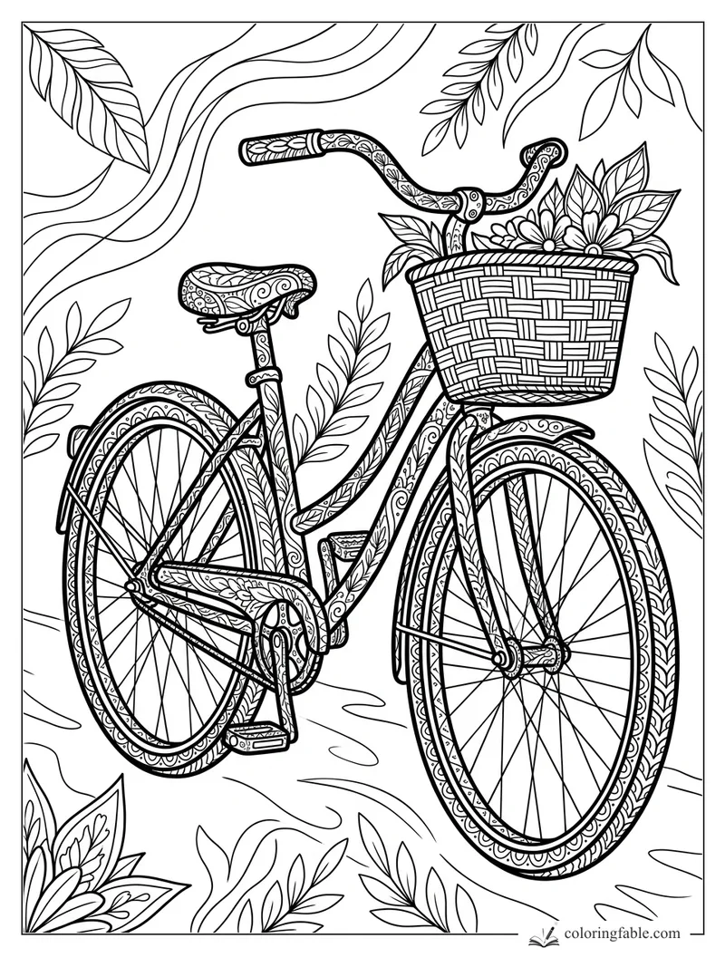 Intricate zentangle bicycle with woven front basket, flowers, leafy vines, patterned tires, and curved path lines.