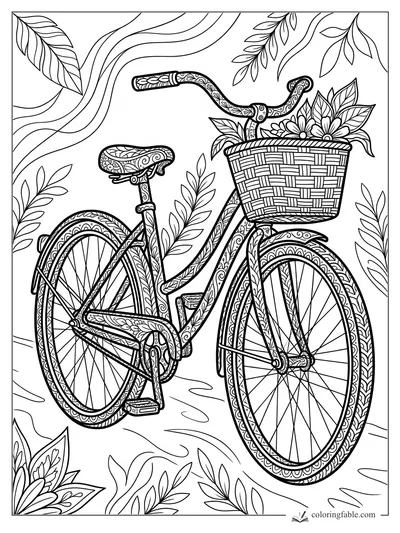 Intricate zentangle bicycle with woven front basket, flowers, leafy vines, patterned tires, and curved path lines.