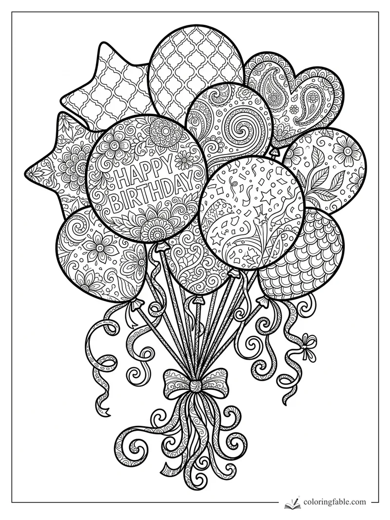 Intricate zentangle birthday balloons with Happy Birthday text, heart balloon, stars, bow, and curling ribbons.