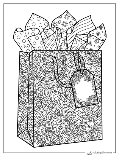Intricate zentangle birthday gift bag with handles and patterned tissue paper