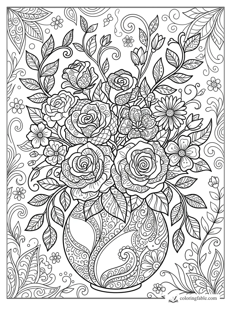 Intricate floral zentangle bouquet with roses, daisies, leafy vines, and a paisley-patterned vase.