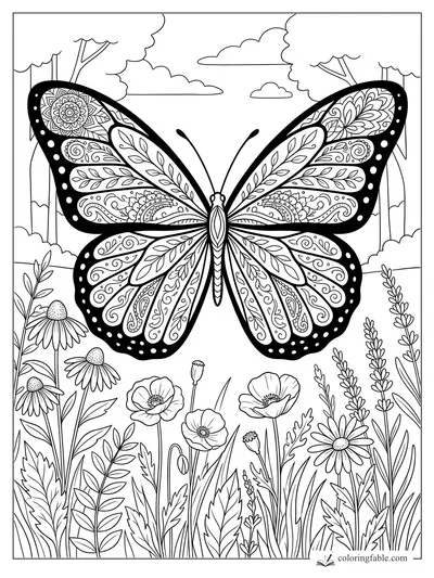 Intricate zentangle butterfly with patterned wings hovering over wildflowers and tall meadow plants