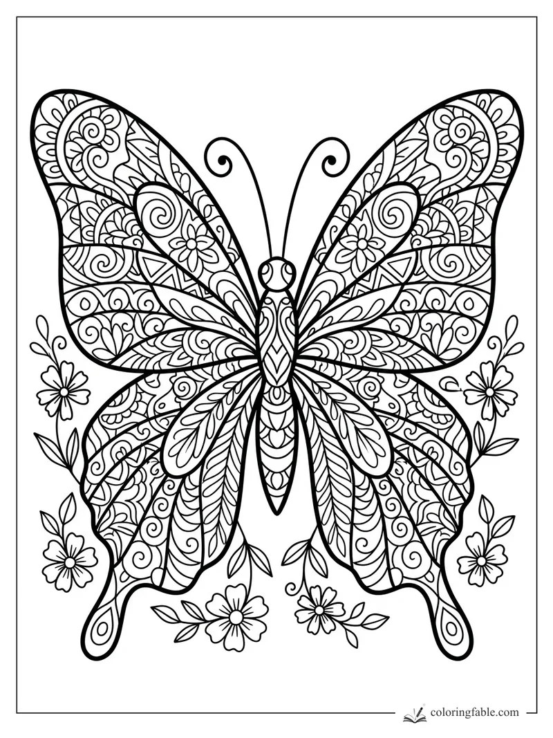 Intricate zentangle butterfly with curled antennae, floral wing patterns, vines, leaves, and small daisies.