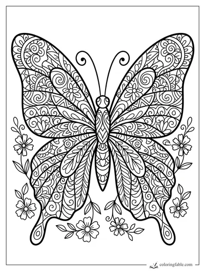 Intricate zentangle butterfly with curled antennae, floral wing patterns, vines, leaves, and small daisies.