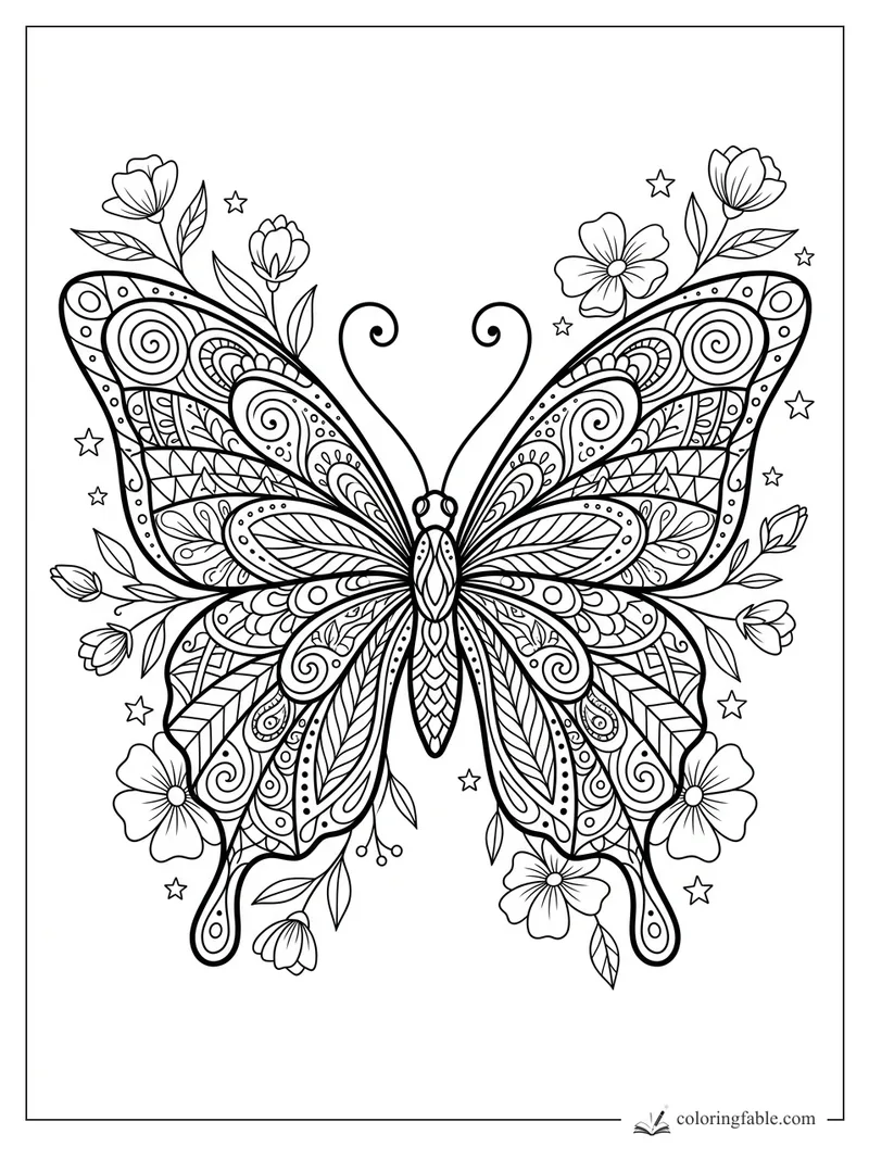Intricate zentangle butterfly with patterned wings, curling antennae, flowers, leaves, and small stars.