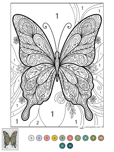 Zentangle Butterfly with Paisley Wings — color by number