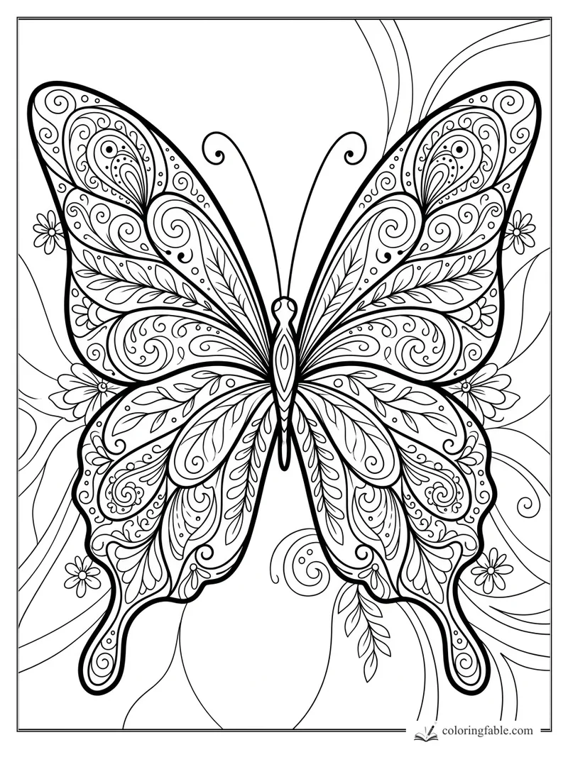 Intricate zentangle butterfly with paisley wing patterns, curled antennae, flowers, leaves, and swirling lines