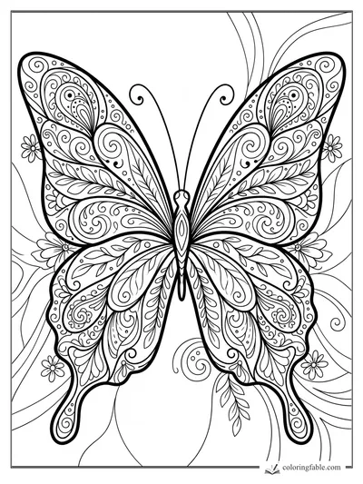 Intricate zentangle butterfly with paisley wing patterns, curled antennae, flowers, leaves, and swirling lines