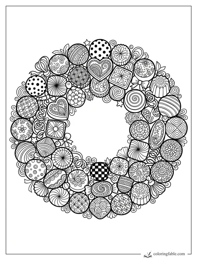 Intricate zentangle candy wreath with lollipops, wrapped sweets, hearts, bows, dots, and spiral patterns