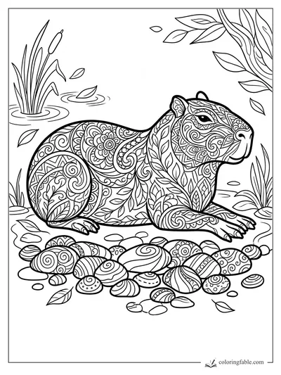Intricate zentangle capybara resting by patterned pebbles, reeds, leaves, and a tree branch