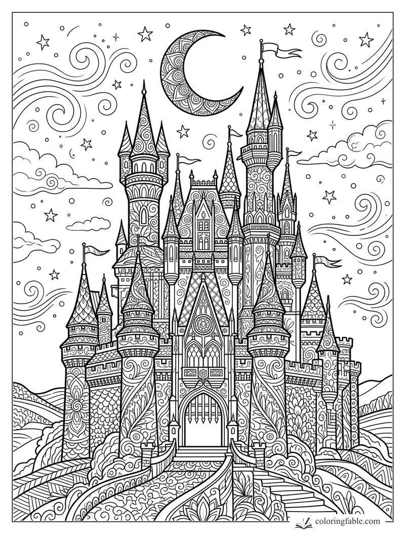 Intricate zentangle castle with tall towers, flags, stars, swirling clouds, and a patterned crescent moon.