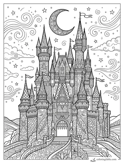 Intricate zentangle castle with tall towers, flags, stars, swirling clouds, and a patterned crescent moon.