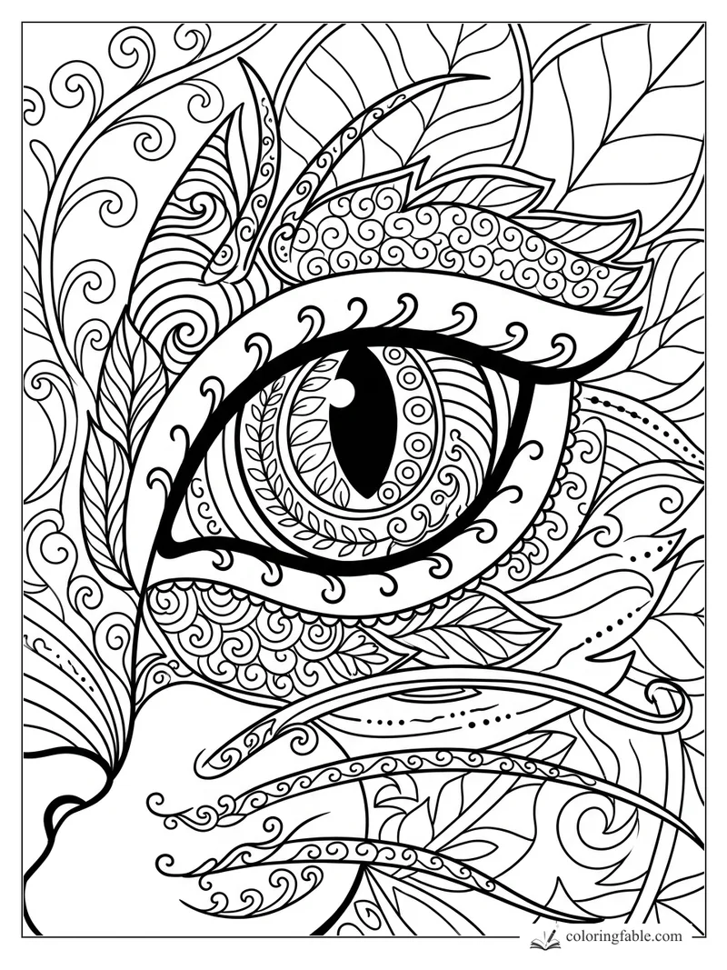 Intricate zentangle cat eye with curling leaves, vines, and spiral patterns