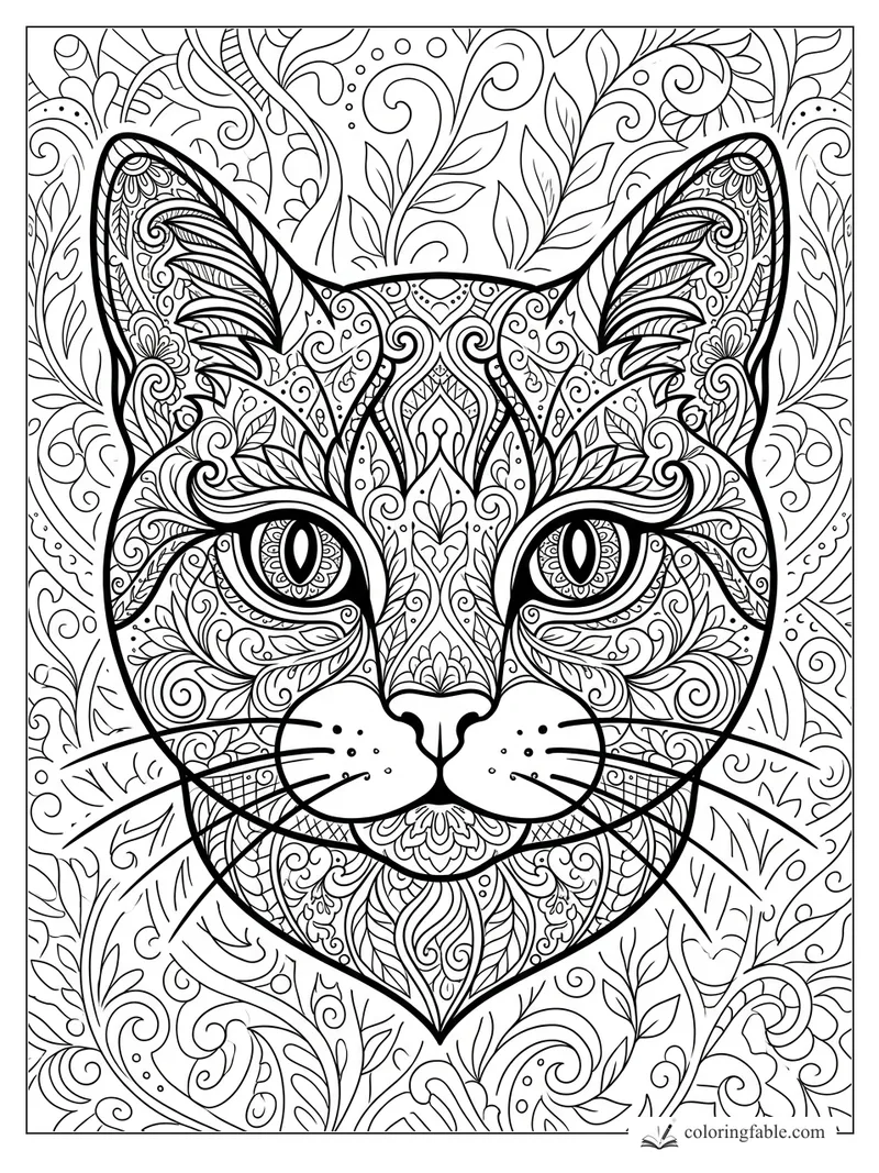 Intricate zentangle cat face with almond eyes, patterned ears, whiskers, leaves, curls, and floral details.