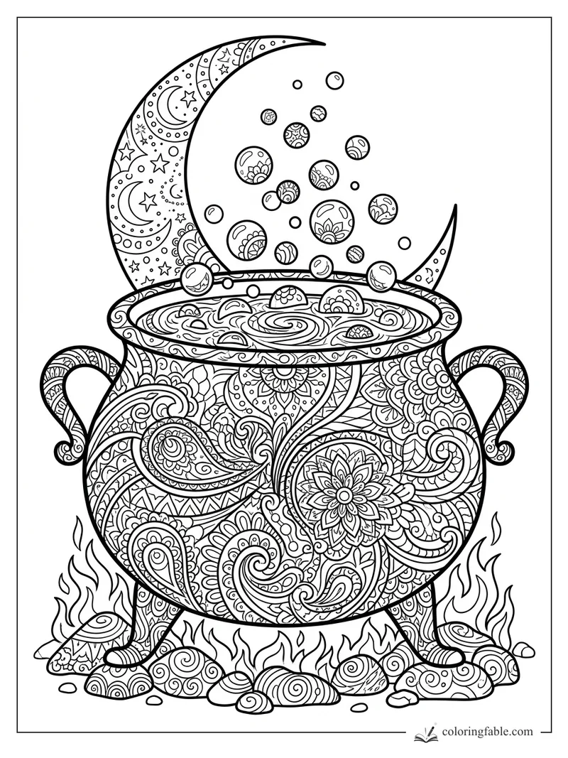 Intricate Halloween cauldron with crescent moon, bubbling potion, flames, stones, and zentangle patterns