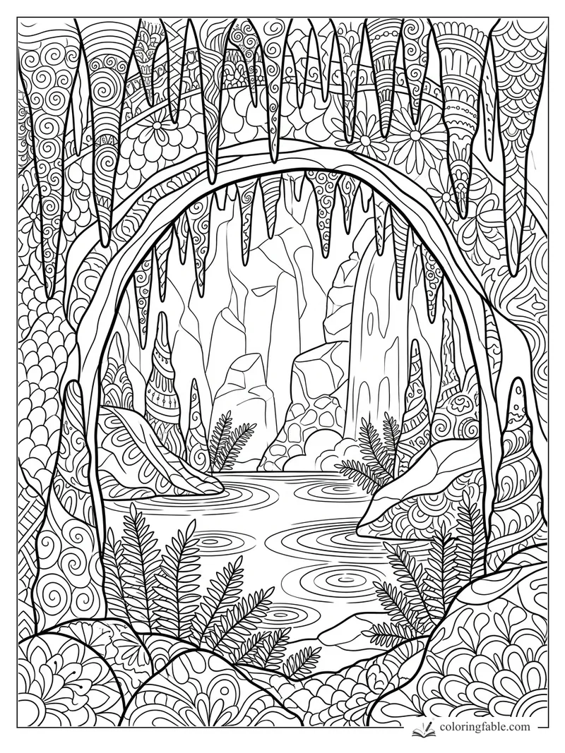 Intricate zentangle cave pool with hanging stalactites, fern fronds, rock walls, flowers, and ripples.