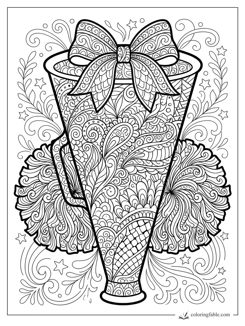Intricate zentangle cheer megaphone with a large bow, pom-poms, stars, vines, and swirling patterns