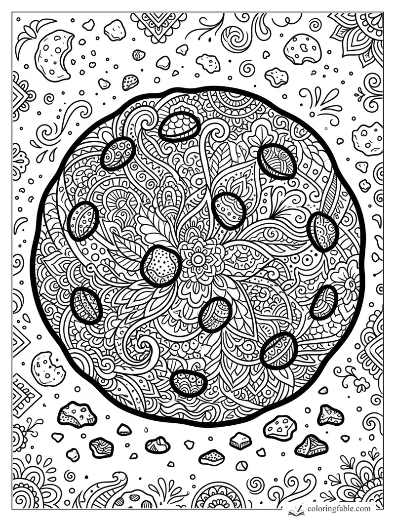 Intricate zentangle chocolate chip cookie with flower center, chips, crumbs, swirls, and mandala corners